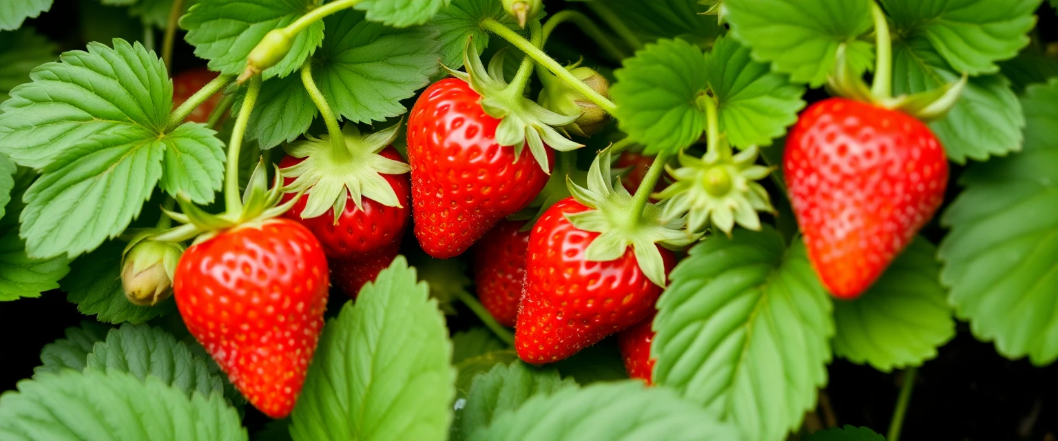 Plantas de fresa con flores sanas y frutos en desarrollo